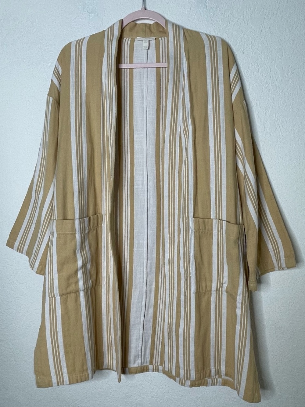 Eileen Fisher Organic Cotton Striped Kimono Cardigan S/M Yellow White Boho